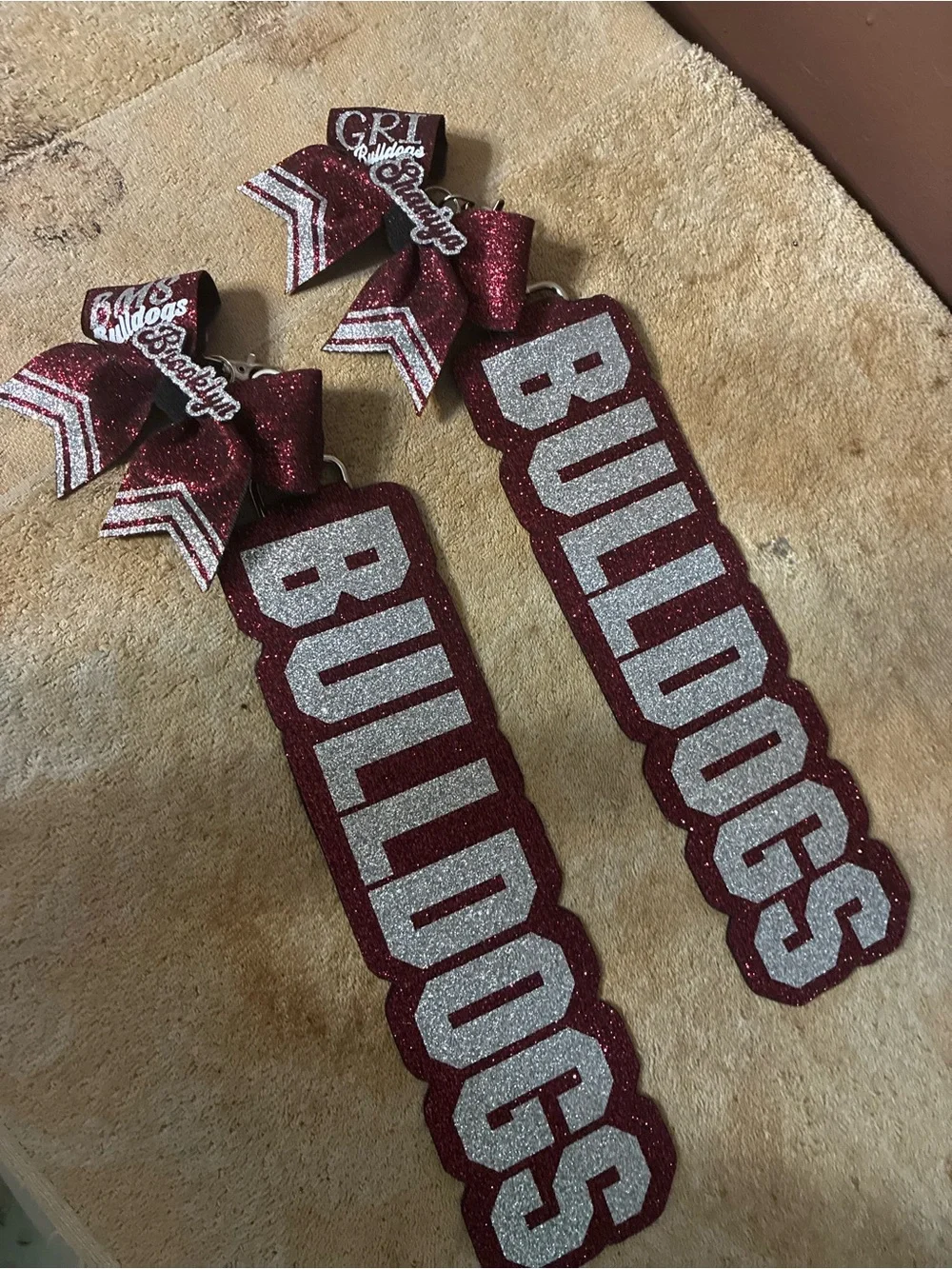 Bulldogs Glitter Cheer Bag Tags - Maroon and Silver